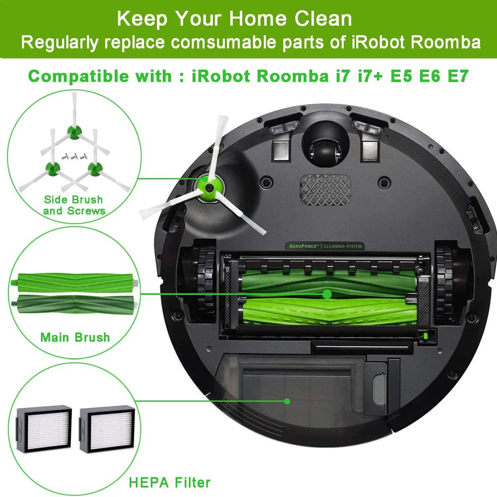 SAKIDOO Kit di Accessori Compatibile con iRobot Roomba i7 i7+/i7 Plus E5 E6 E7 Ricambi per Aspirapolvere 2 Spazzole In Gomma/3 Filtri Hepa/3 Spazzole Laterali Accessori Filtri 