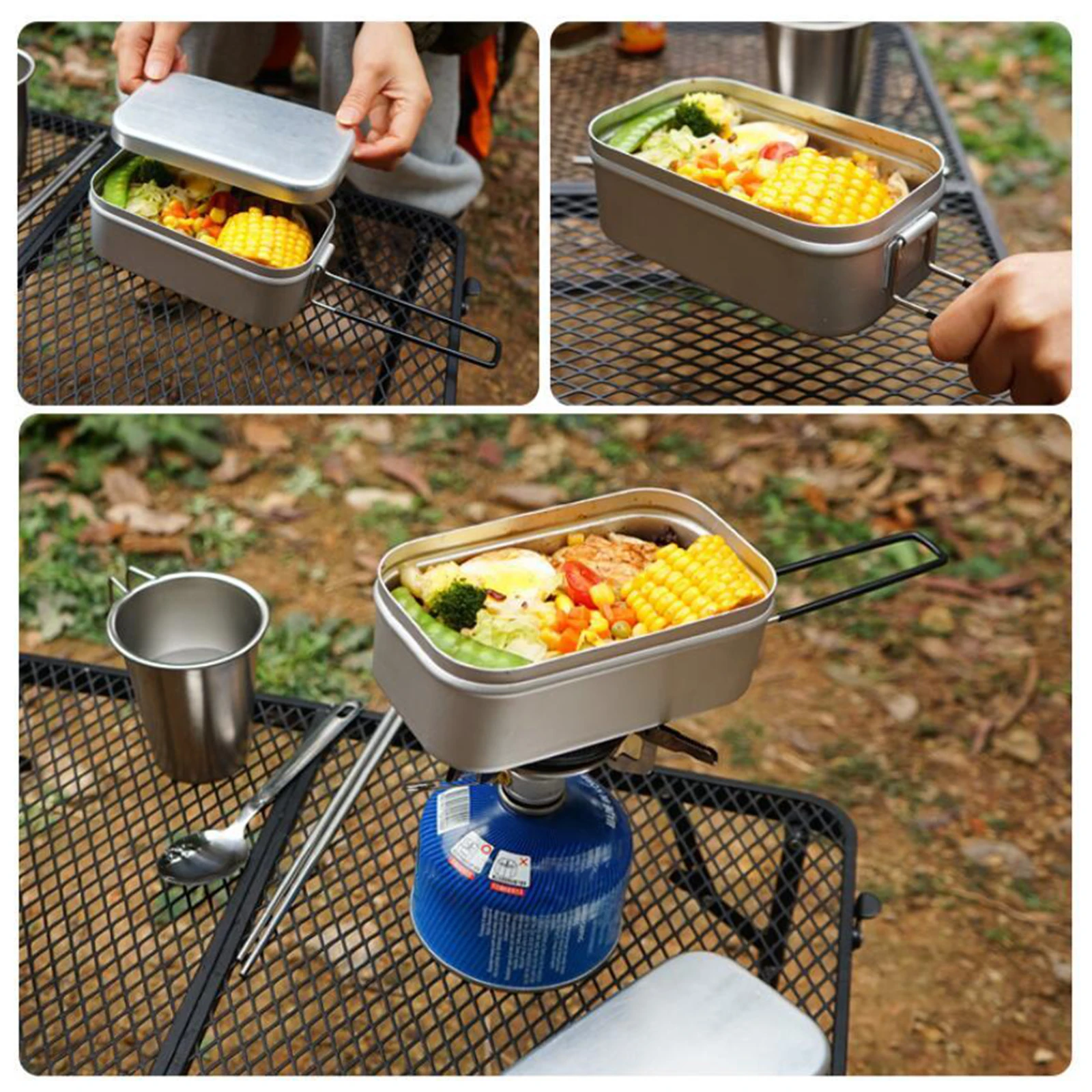 Outdoor Bento Lunch Box Steaming Rack Food Container w/ Foldable Handle for Camping BBQ Picnic Office Travel Cooking Cookware