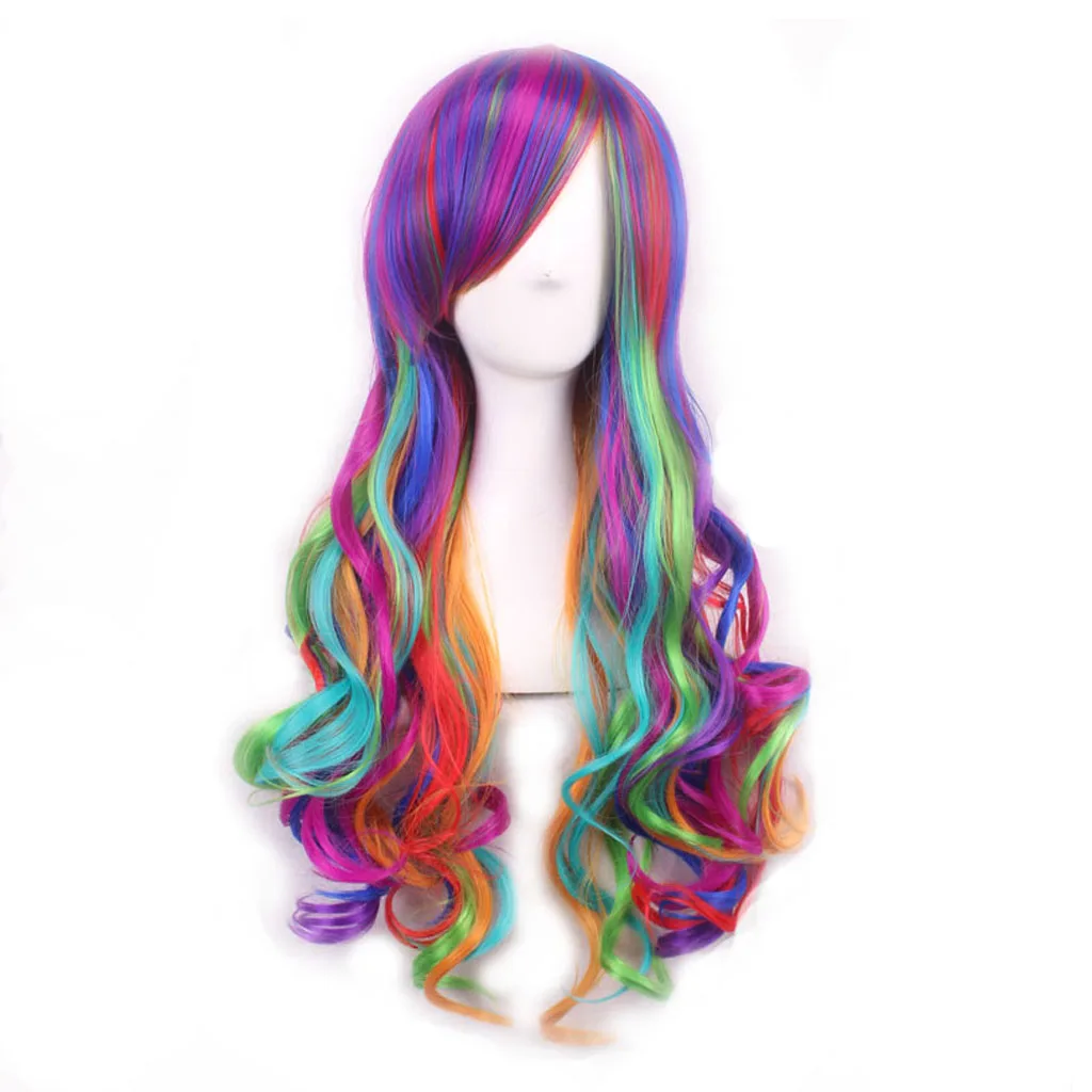 Harajuku Long Curly Wig Bright Colors Rainbow Colors Girls 70 Cm