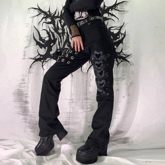 VEDEXA Macacão Y2k com costura de couro feminino gótico preto estilo  coreano punk hippie calças soltas, Preto, G