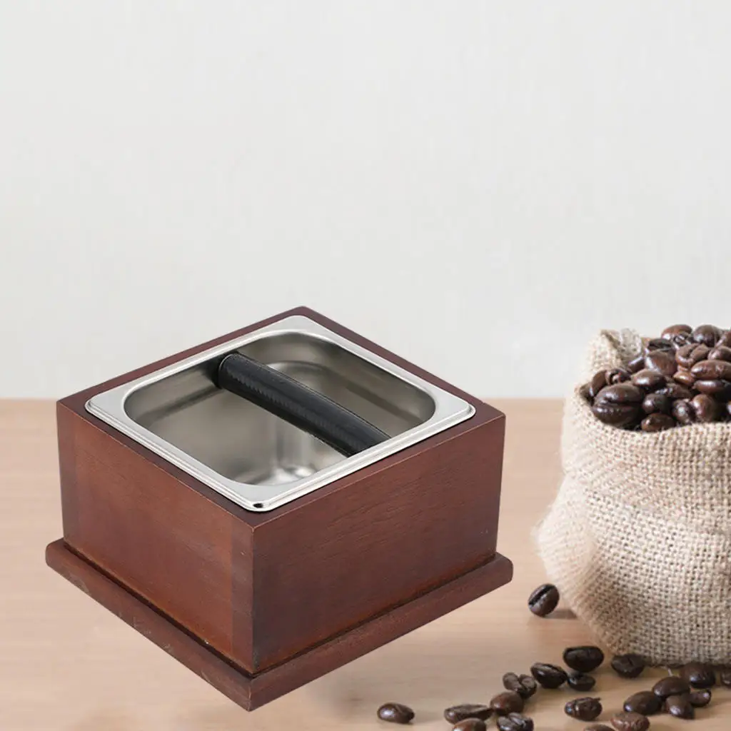 Espresso Knock Box Wooden Base Built-In Container Coffee Dump Bin Coffee Grind Knock Box for Home Office Bar Kitchen Coffee Shop