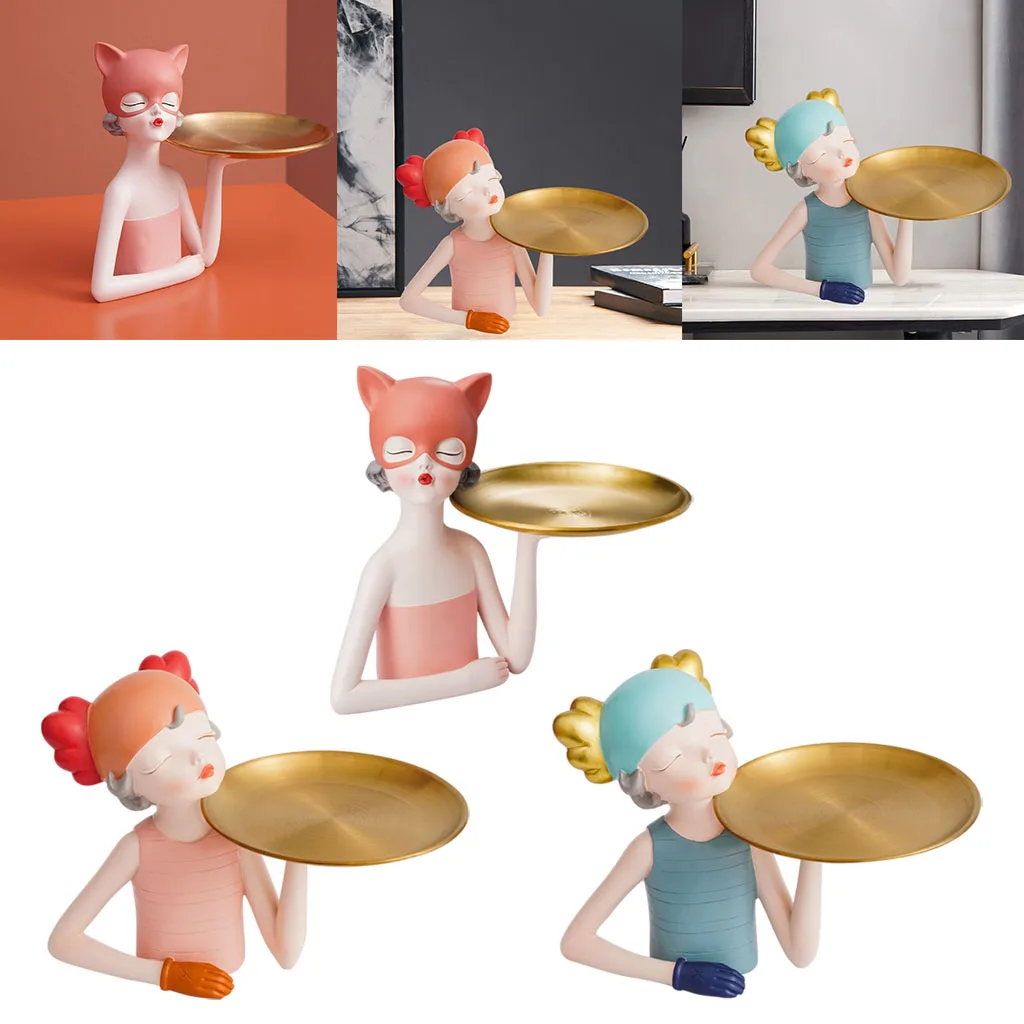 Nordic Girl Sculpture Figurine Holding Storage Tray for Keys Makeup Home Room TV Cabinet Nightstand Dresser Desktop Decor
