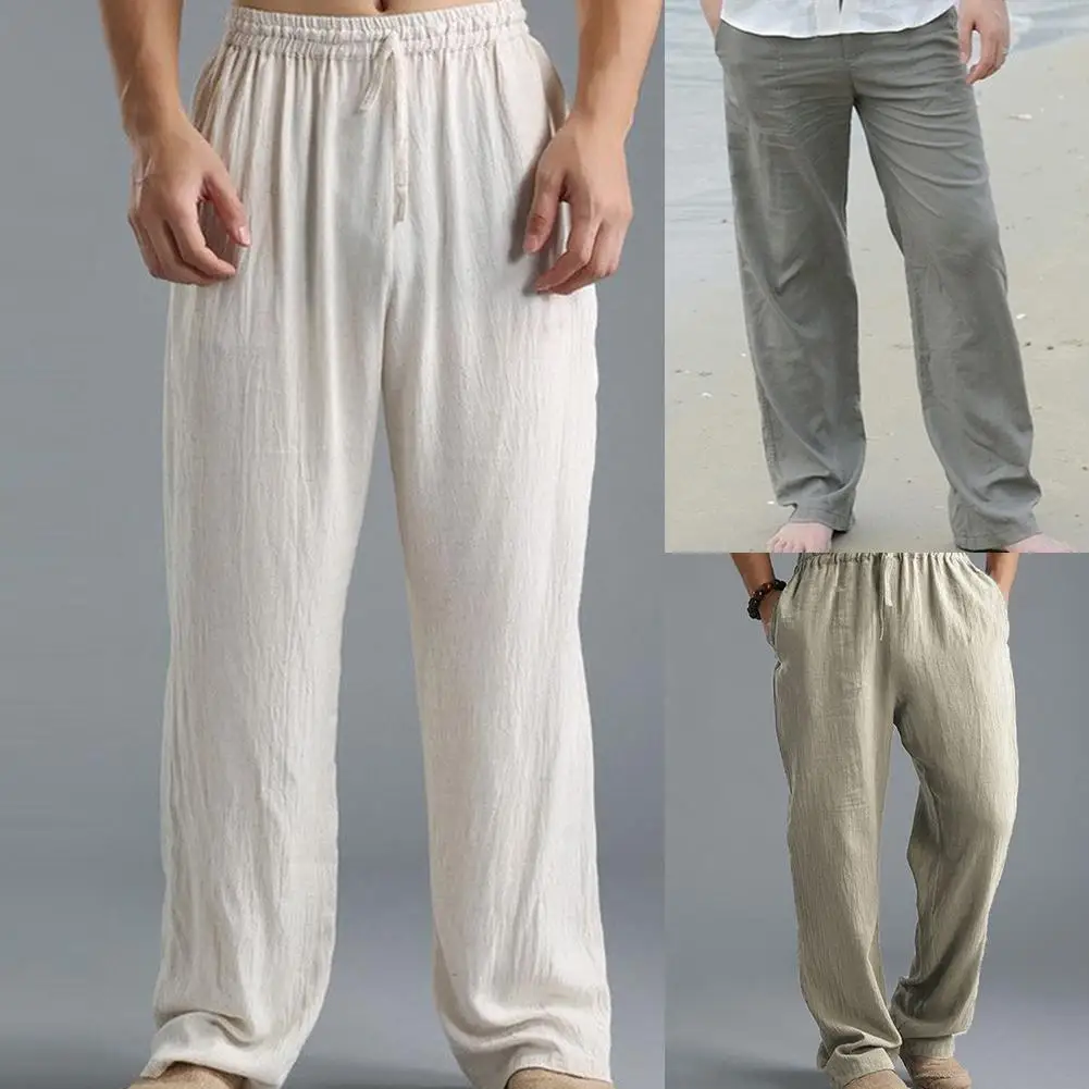 Plus Size Men Cotton Linen Long Pants Elastic Waist Loose Straight Trousers black harem trousers
