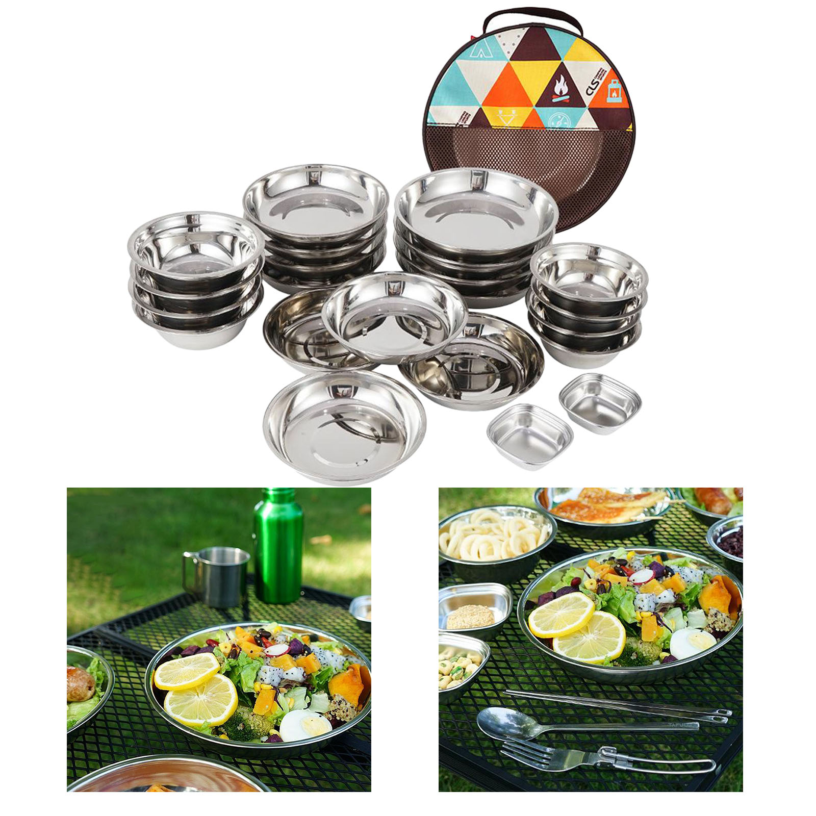 22Pcs/Set Camping Stainless Steel Dinner Dish Plate Durable Outdoor Picnic Tableware Salad Bowl Food Container