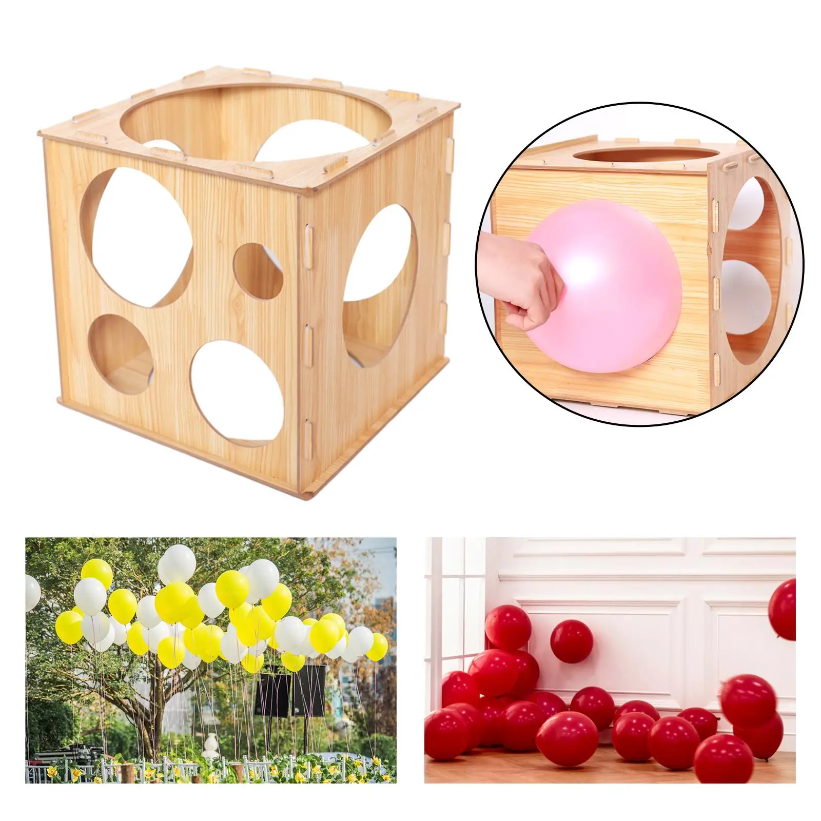 2-10 inch Balloon Sizer Box Cubic Wooden 9 Holes Balloon Size Measurement Box for Balloon Decorations Wedding Birthday Party