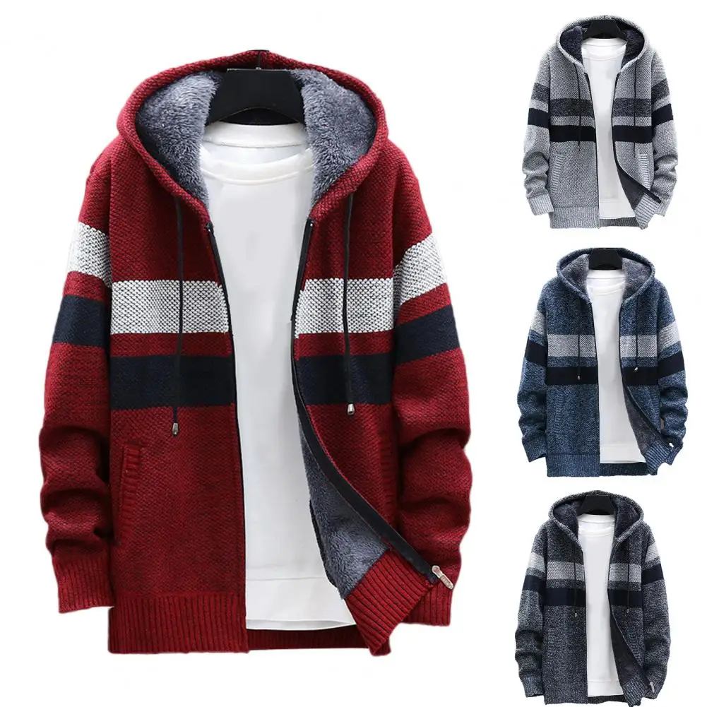 2021 Hot Sale New Men Hooded Coat Color Block Knitted Autumn Winter Thicken Plush Warm Cardigan Sweater for Office best jackets for men