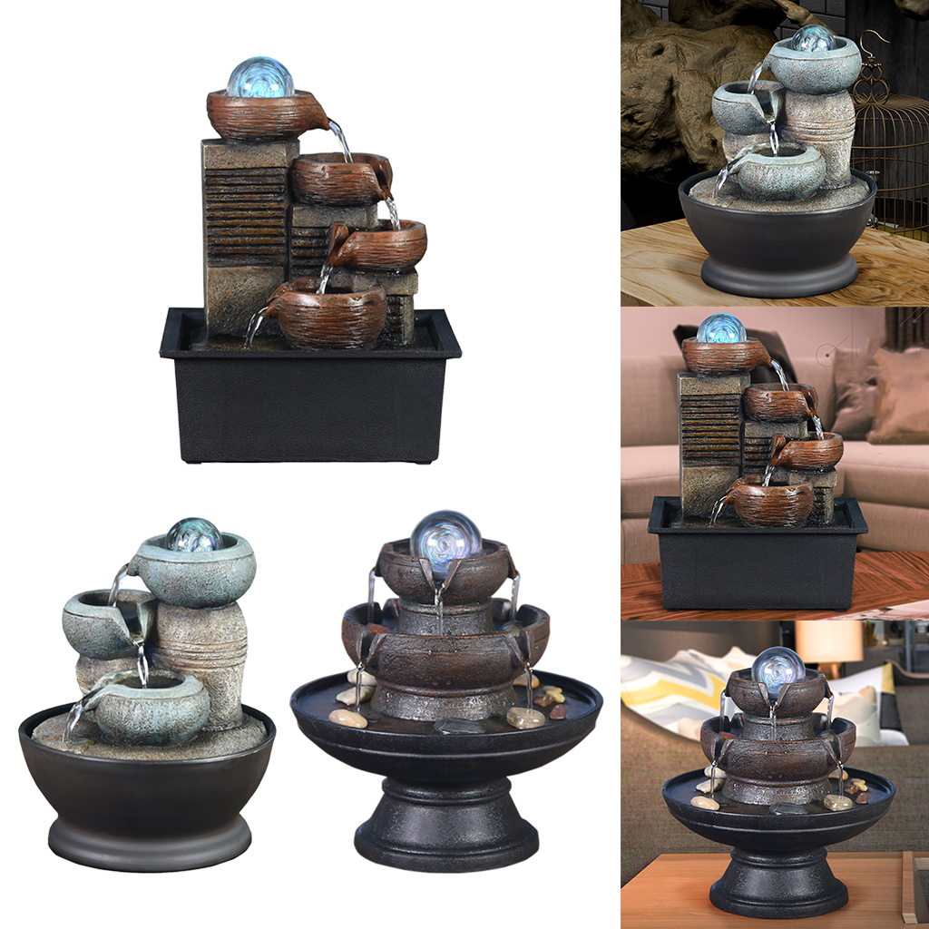 Resin Decorative Fountains Indoor Water Fountain Resin Craft Desktop Home Decor Figurines FengShui Water Fountain with Light