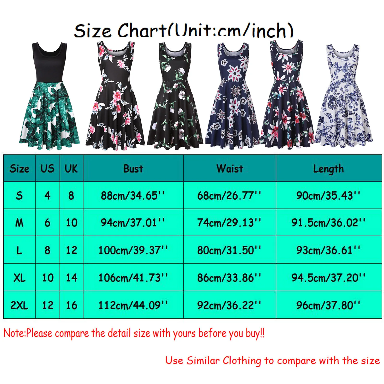 Size Chart: Scoop Neck Floral Printed A-line Dress