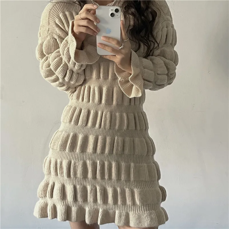 He33aefb5e6cc43c095d0f30626545421k - Winter Korean O-Neck Long Flare Sleeves Ruched A-Line Knitted Mini Dress