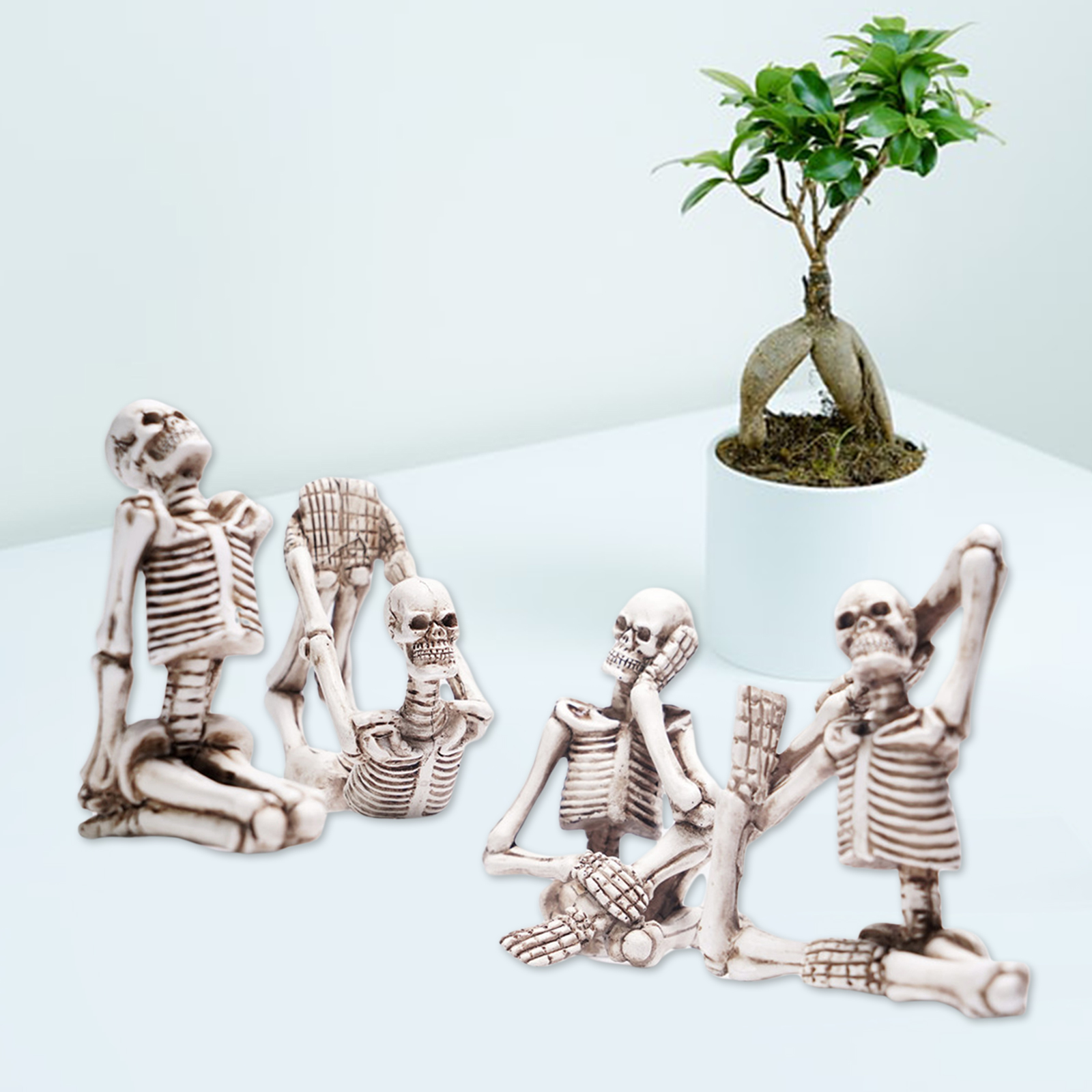 Lot of 4 Skull Yoga Pose Statue Figurine Resin Yoga Skeleton Figure Set Decor (White Set)