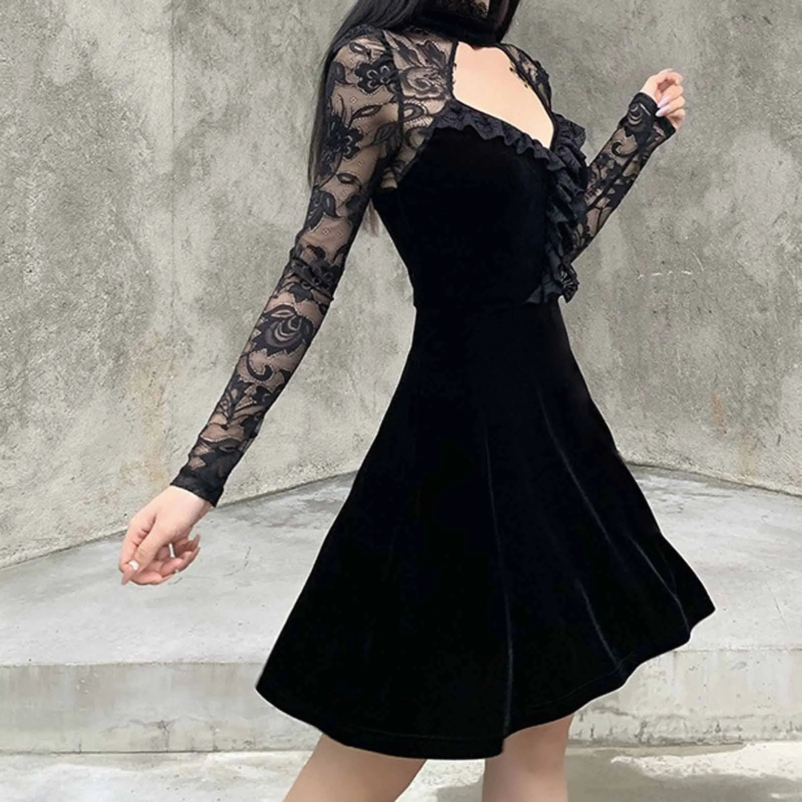 INSGOTH Vintage Black Velvet Gothic Dress women Elegant Hollow out sexy Lace Dress Patchwork Mini female Party Dresses autumn
