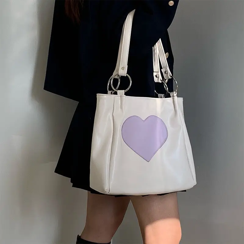 Xiuya Harajuku Kawaii Shoulder Bag Women Japanese Cute Heart Lolita Tote Bag Ladies Handbags 2022 Big Shopper With Zipper