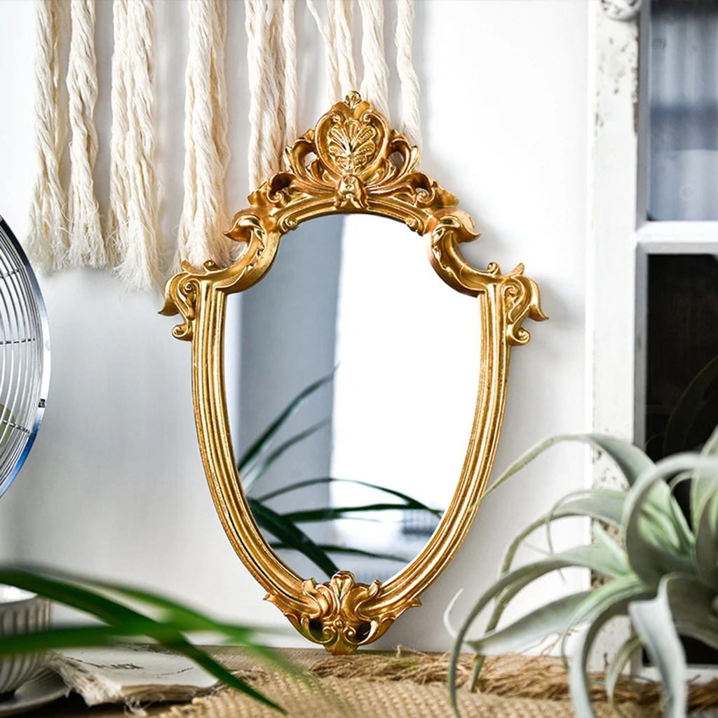 Vintage Gold Resin Frame Decorative Wall Mirror, Small Nordic Retro Gold Relief