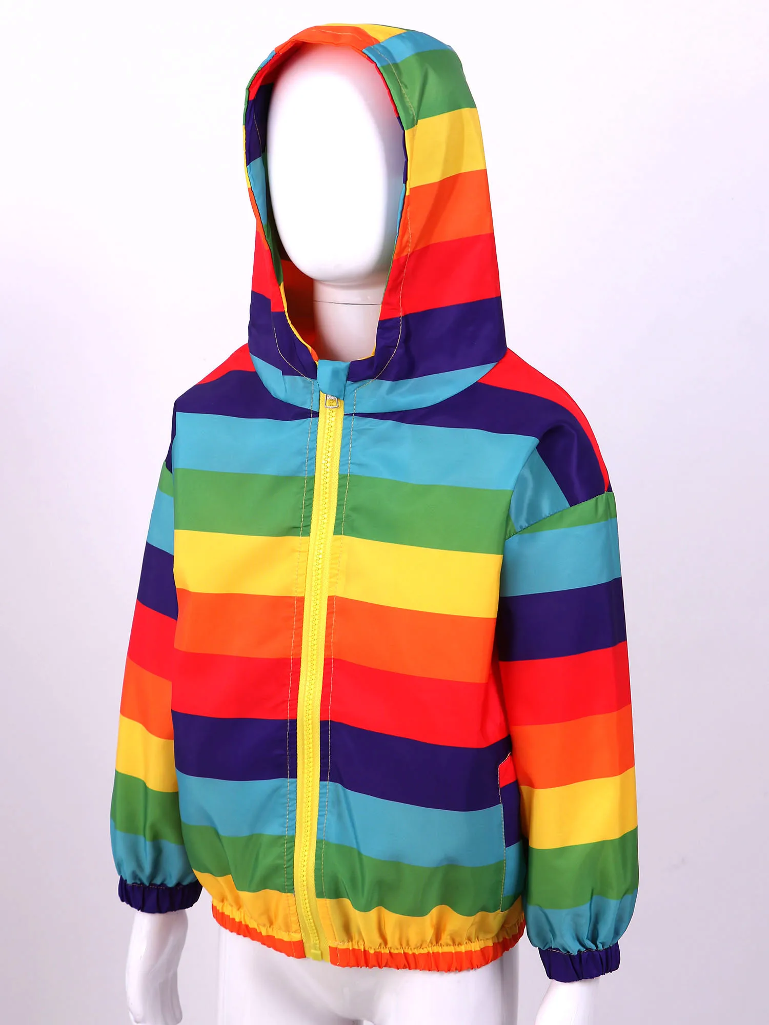 Mufeng Kids Girls Rainbow Striped Hoodie Colorful Pockets Long Sleeve Zippered Hooded Coat Casual Top 
