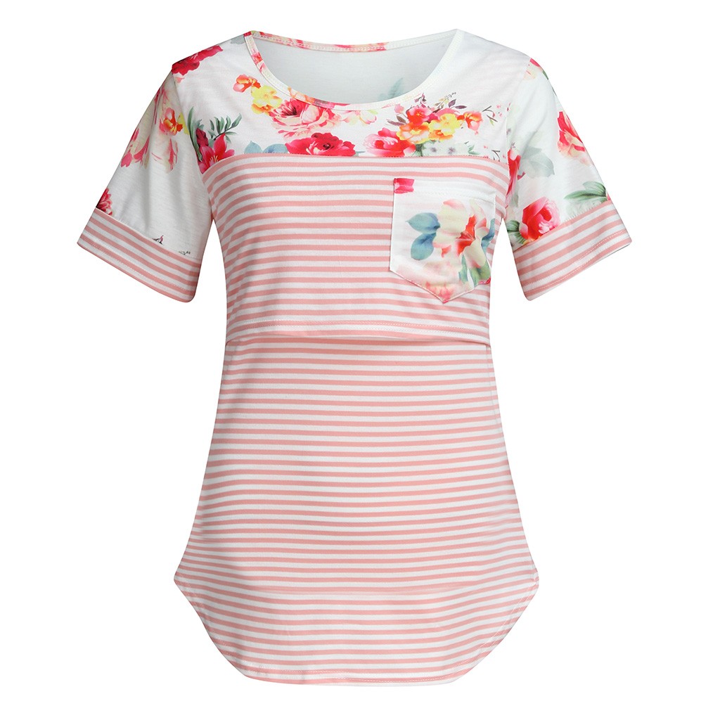 Camisa da Maternidade para Mulheres Roupas de Verão Camisas de Amamentação Roupas de Gravidez Outono Manga Curta Listra Enfermagem Superior Mais Tamanho 26 Cheap Blusas & Camisas