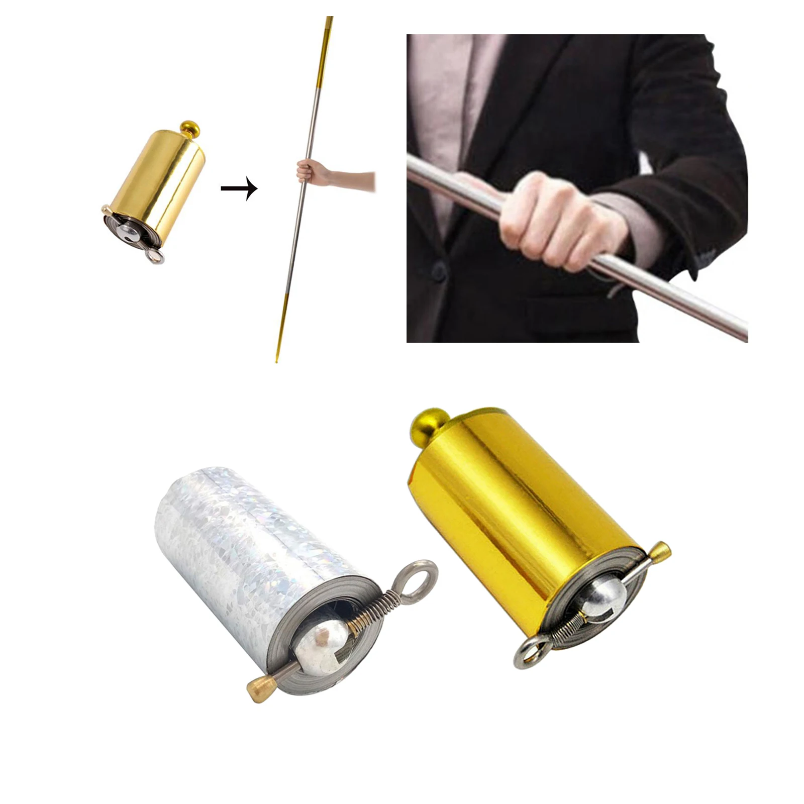 2Sets 110cm Golden Metal Appearing Cane with Teaching Cards, Pocket Staff magician Stage magician Trick for Amateur Beginners  