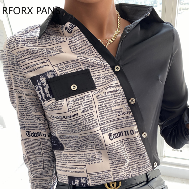 SpringLetter Print Long Sleeve Buttoned Up Shirt Casual Shirt Long Sleeve Blouse Women Top 2021