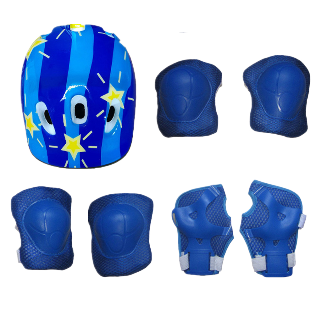 7Pcs/set Kids Children Inline Roller Skating Skateboard Helmet Knee Wrist Guard Elbow Pad Blue