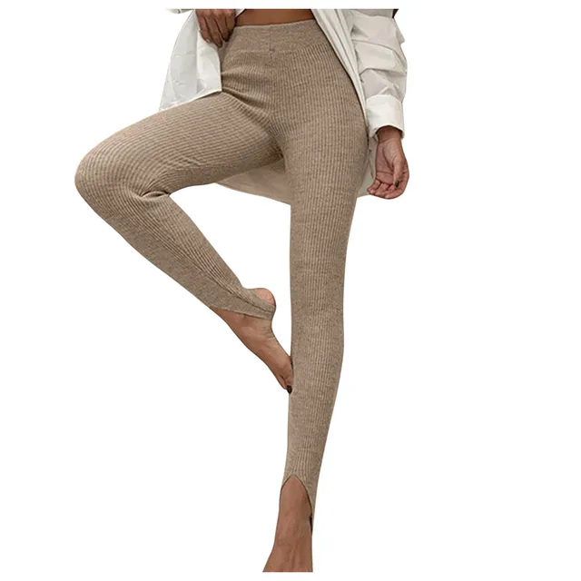 Women Ribbed Knit Leggings Fashion Beige High Waist Cotton Fitness Basic  Pants Female Casual All-Match Stretch Skinny Leggings - AliExpress
