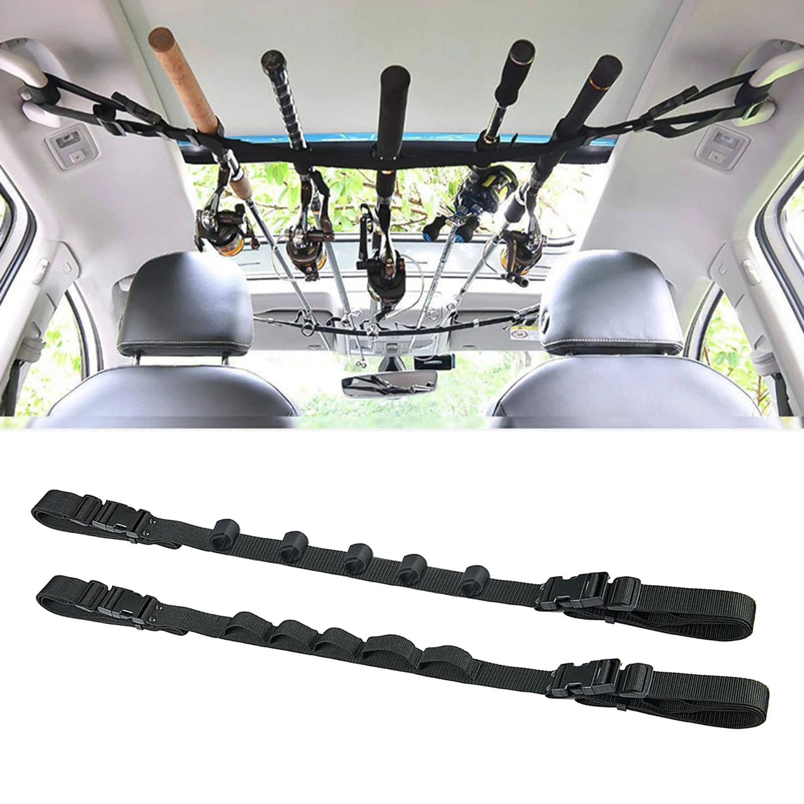 2pcs Vehicle Fishing Rod Holder, Durable Fishing Pole Carry Rack Strap Belt Carrier with Adjustable Paste Straps Scroll