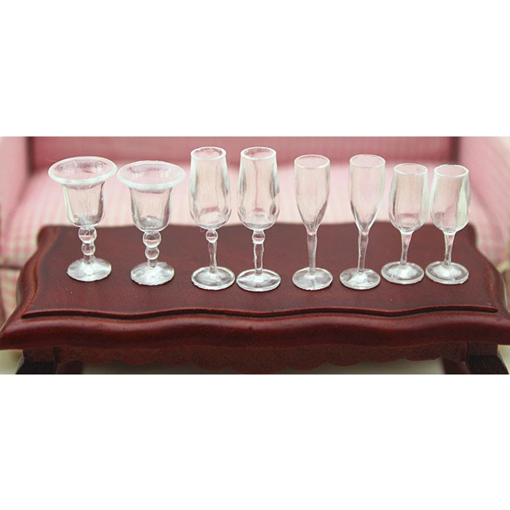 8pcs 1/12 Dollhouse Mini Wine Glass Dollhouse Tableware Clear Mugs Cups