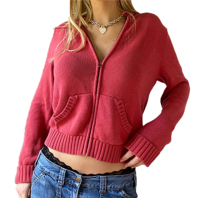 long sweater Women Zip Up Hood Cardigan Sweaters Solid Long Sleeve Drawstring Knit Hoodies Y2K Lightweight Sweatshirts striped sweater
