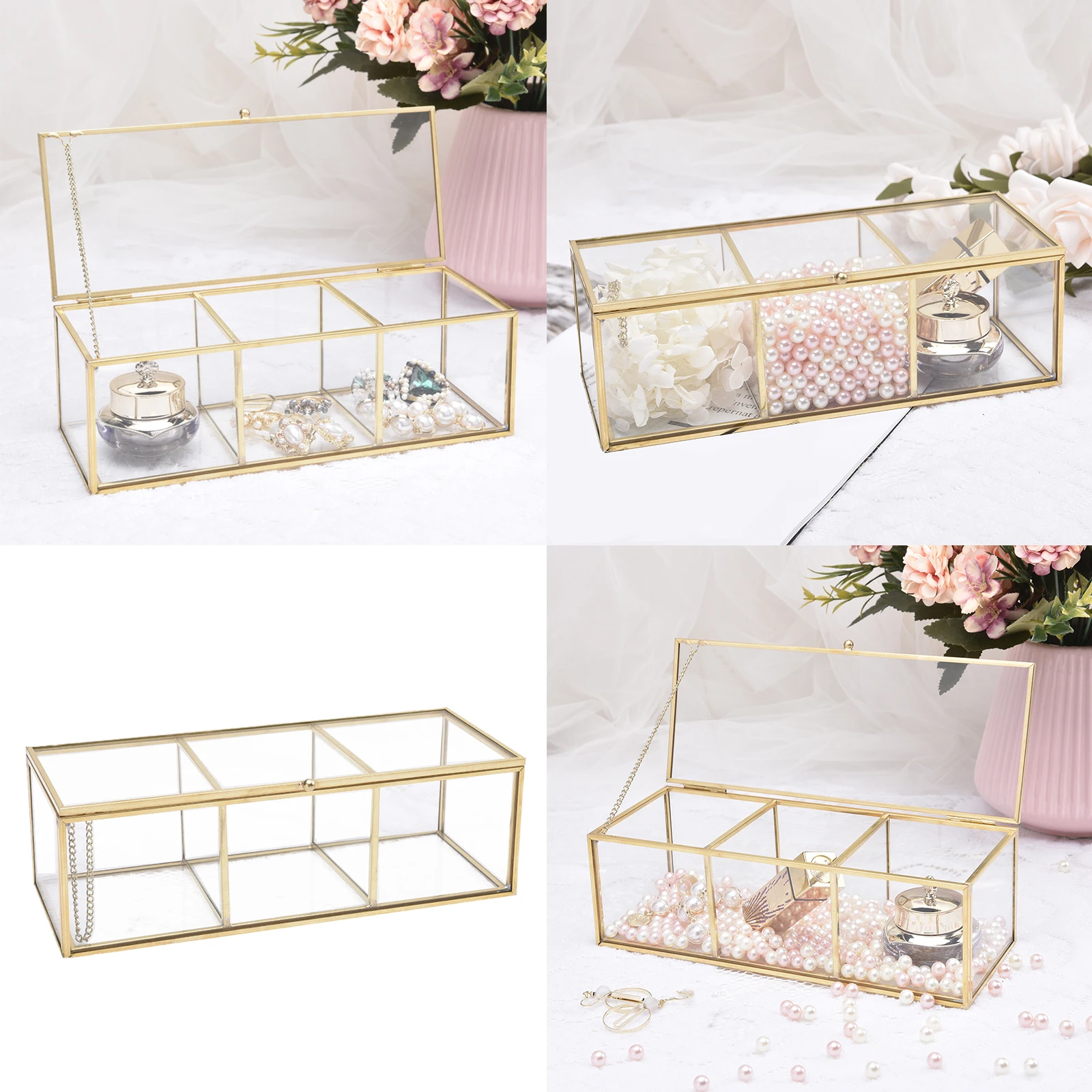 Clear Glass Makeup Organizer Tray, 3 Spaces Cosmetic Display Case Storage Box for Lipstick,Makeup Brushes and Skin Care Bottles