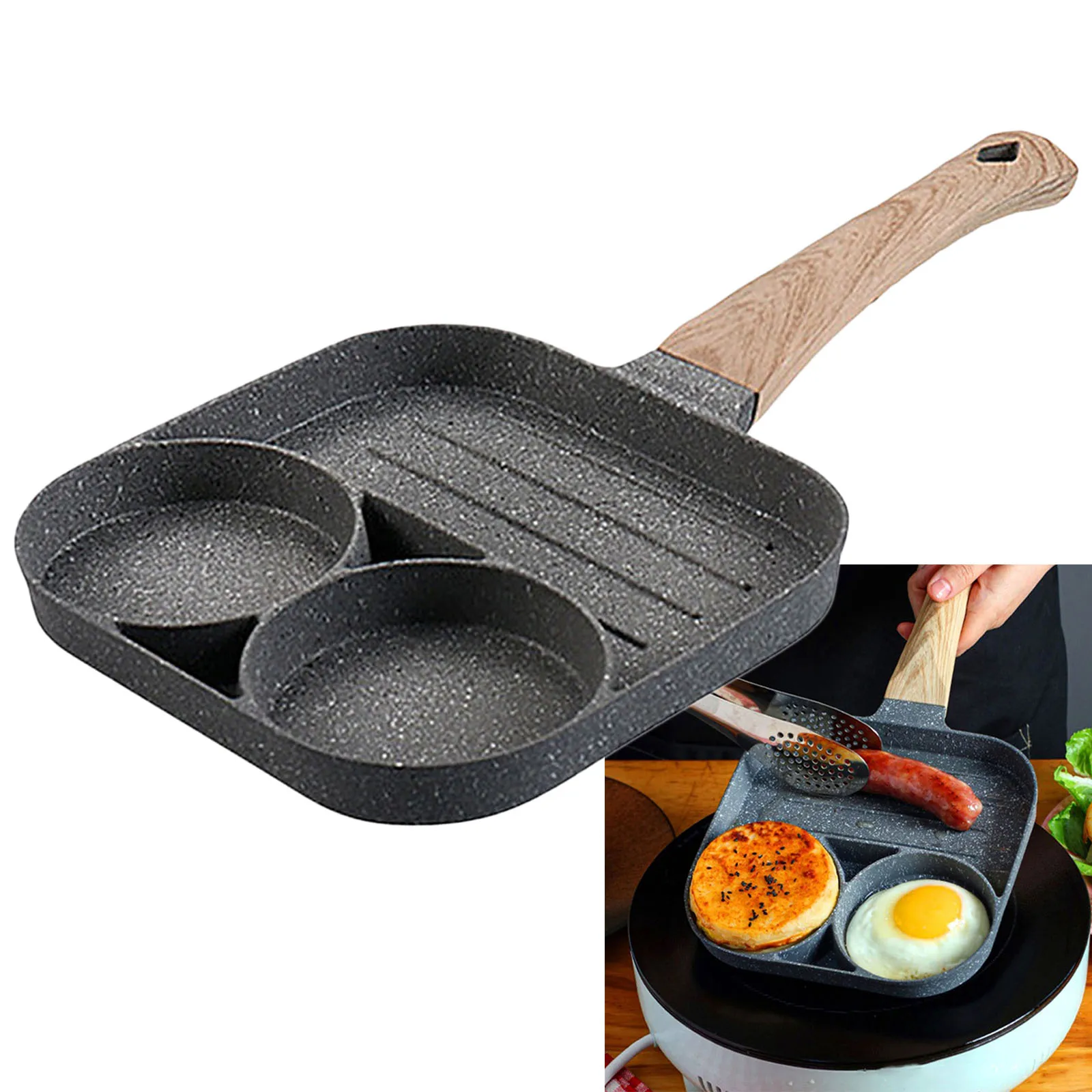 Medical Stone Egg Frying Pan Non Stick 3-Cup Bacon Sausage Hamburg Cooker Pan Skillet for Gas Stove Home Cooking Tool