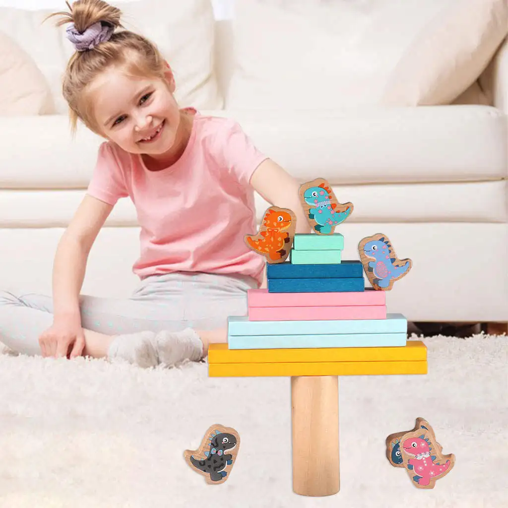 Wooden Stacking High Dinosaur Balance Fine Motor Skills Imagination 17Pcs Balance Blocks Board Games for Boys Girls Children