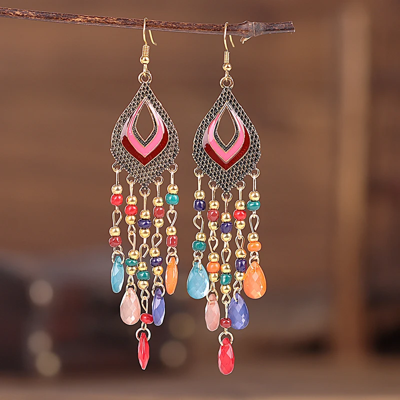 Ethnic Drop Earrings With Stone Decor Afro Boho Style Handmade Ear Drop Colorful Retro Metal Ear Jewelry Gift For Girls Bn