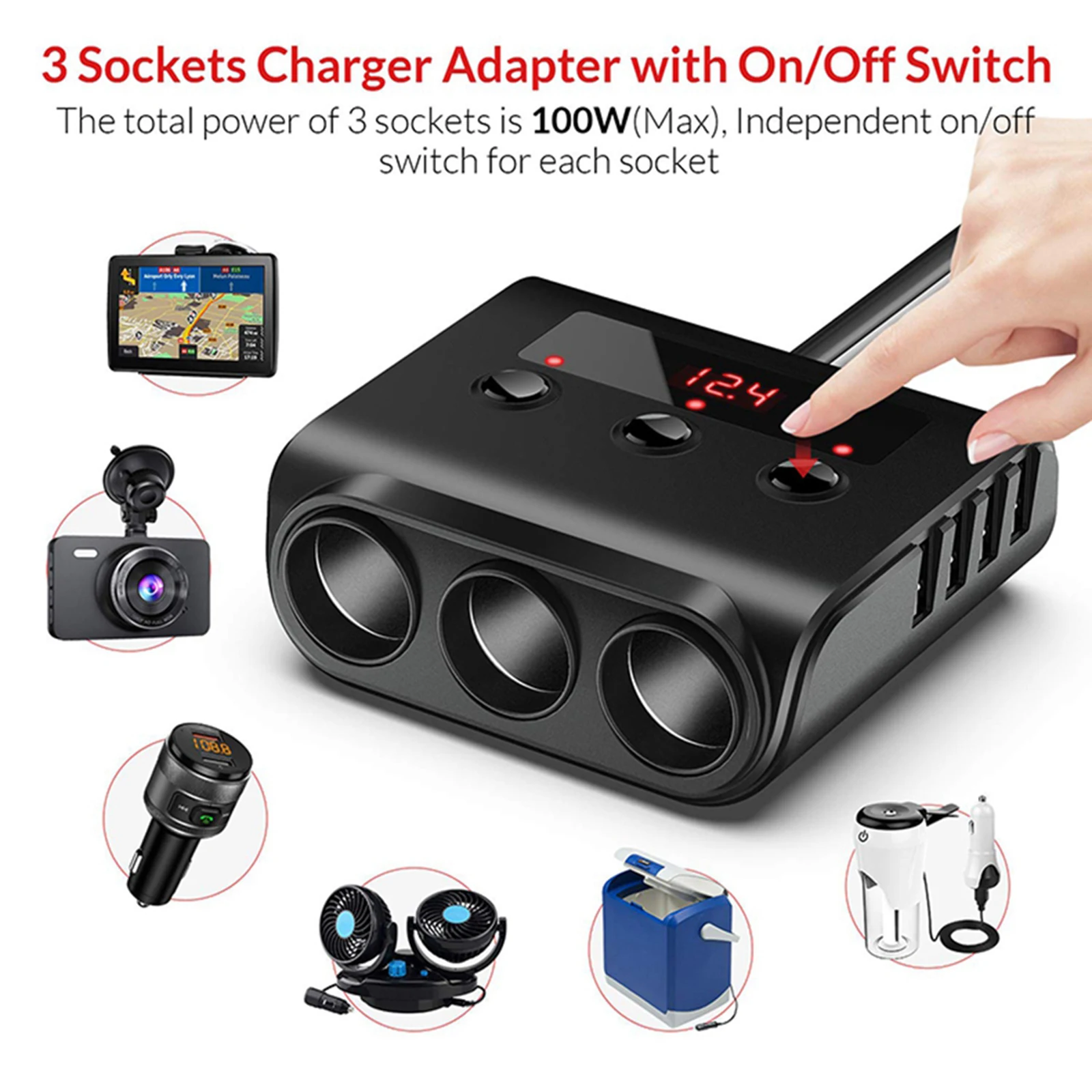 Car Automobile Cigarette Lighter Adapter 12V/24V Power Adaptor LED Voltage Display for GPS Dashcam