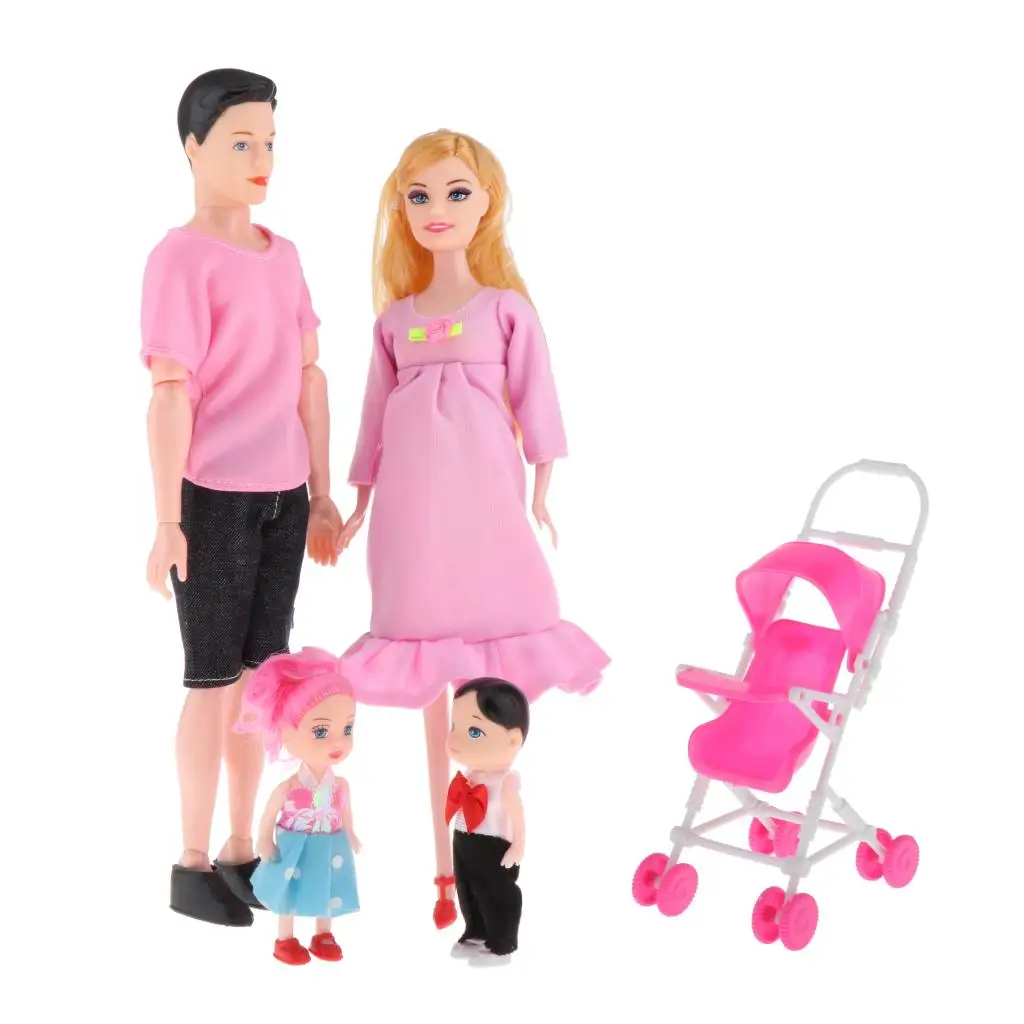 Family Doll Set Dad Pregnant Mom Daughter Son Baby Baby Doll Stroller Accessories for Girls Toys Pink