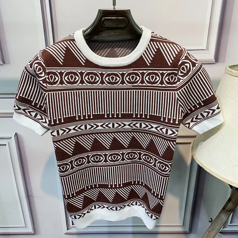 white turtleneck mens Autumn and winter new knitwear men's jacquard short sleeve sweater Korean slim high-grade half sleeve knitted base shirt mens pullover sweater