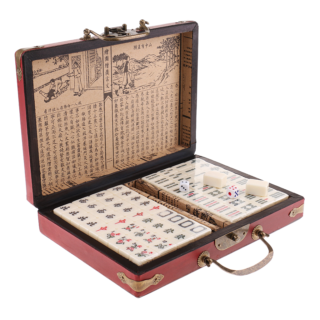 Table Board Game Chinese Antique Mahjong 144 Miniature in Wooden Box Leisure