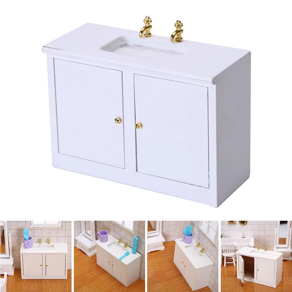 1/12 Dollhouse Bathroom Furniture Wood Sink Cabinet Model Decoration for Dolls House, Kids Pretend Play Toy Birthday Gifts