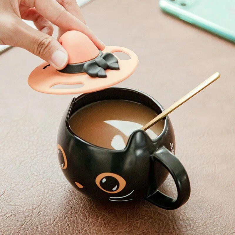 QKFON Tazas de café con cucharas taza de gato negro con tapa de bruja bonito gatito taza de café de cerámica única para oficina y hogar 