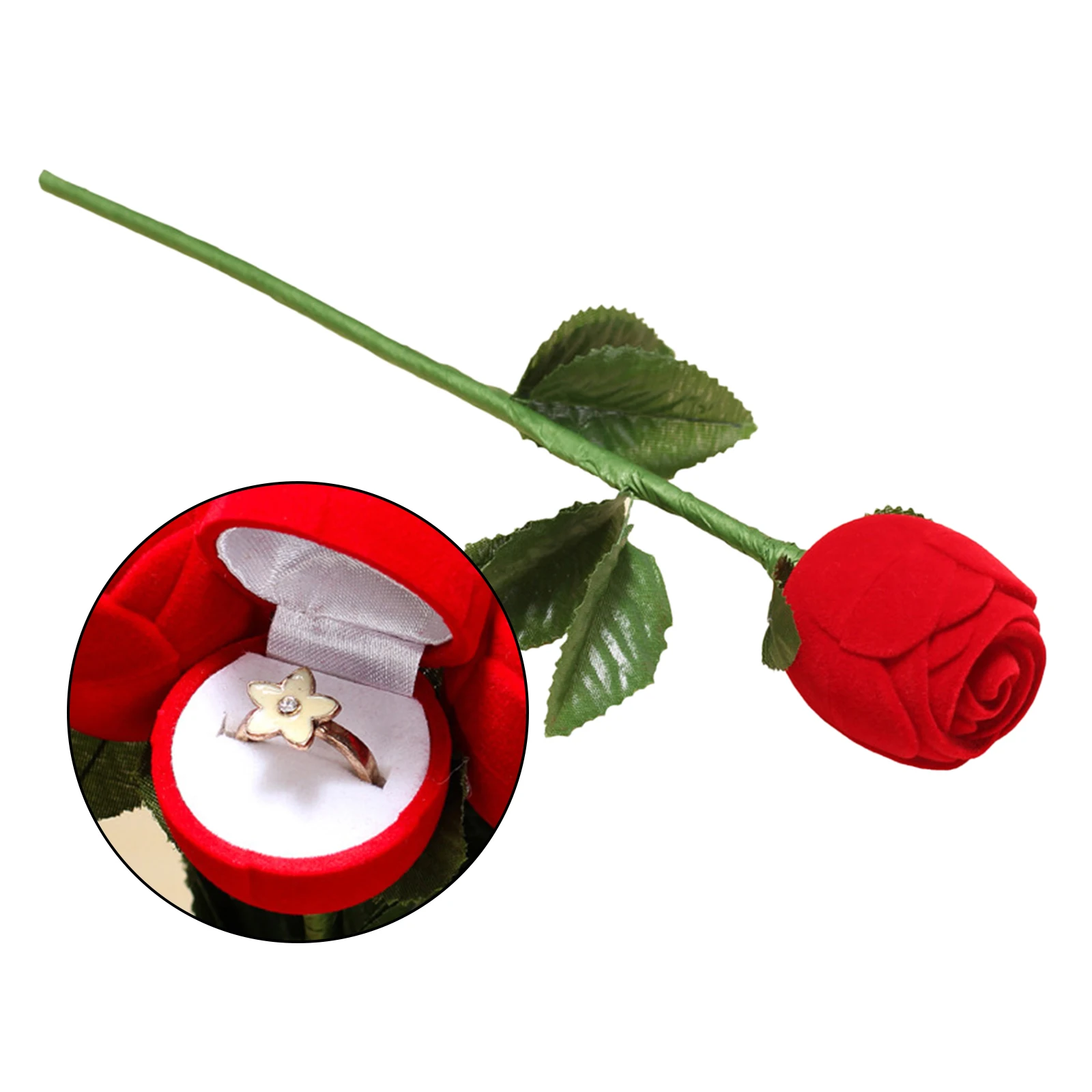 Red Rose Jewelry Box Bottom with Green Leaf Velvet Flannelette Engagement Wedding Ring Gift Case Display Holder