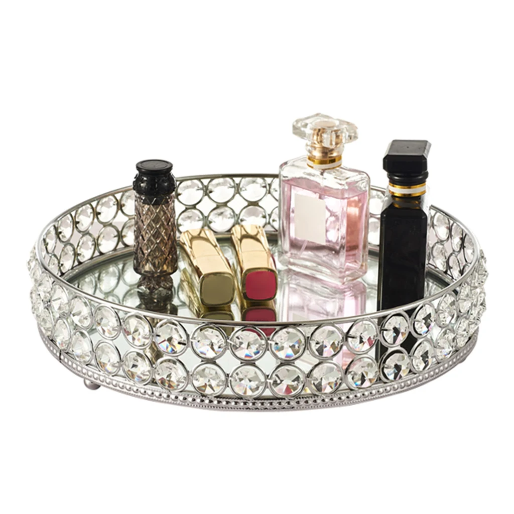 Mirror Tray Crystal Metal Vintage Style Round Perfume Makeup Jewelry Organizer