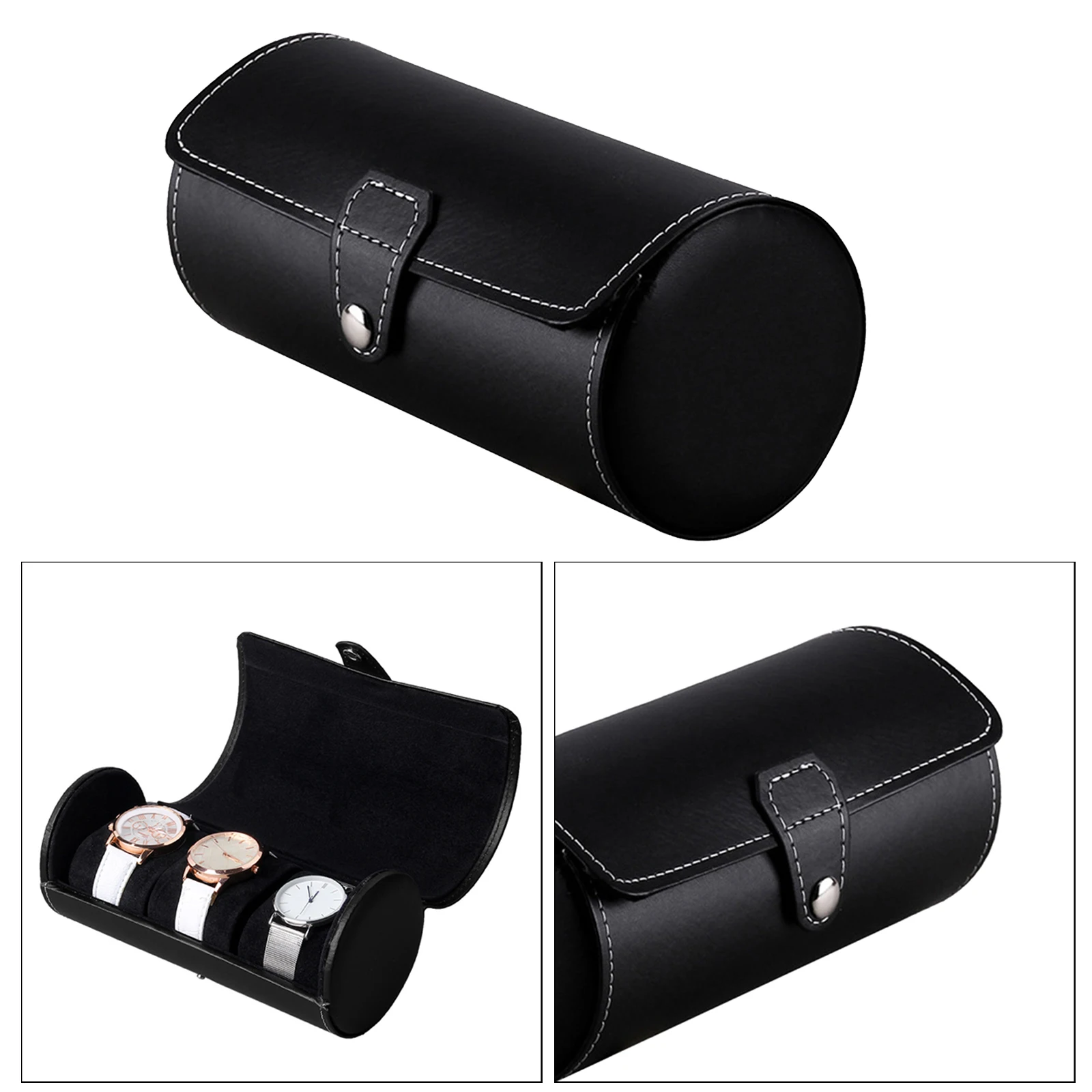 Universal 3 Slot PU Leather Watch Roll Case Box for Holder Storage Black