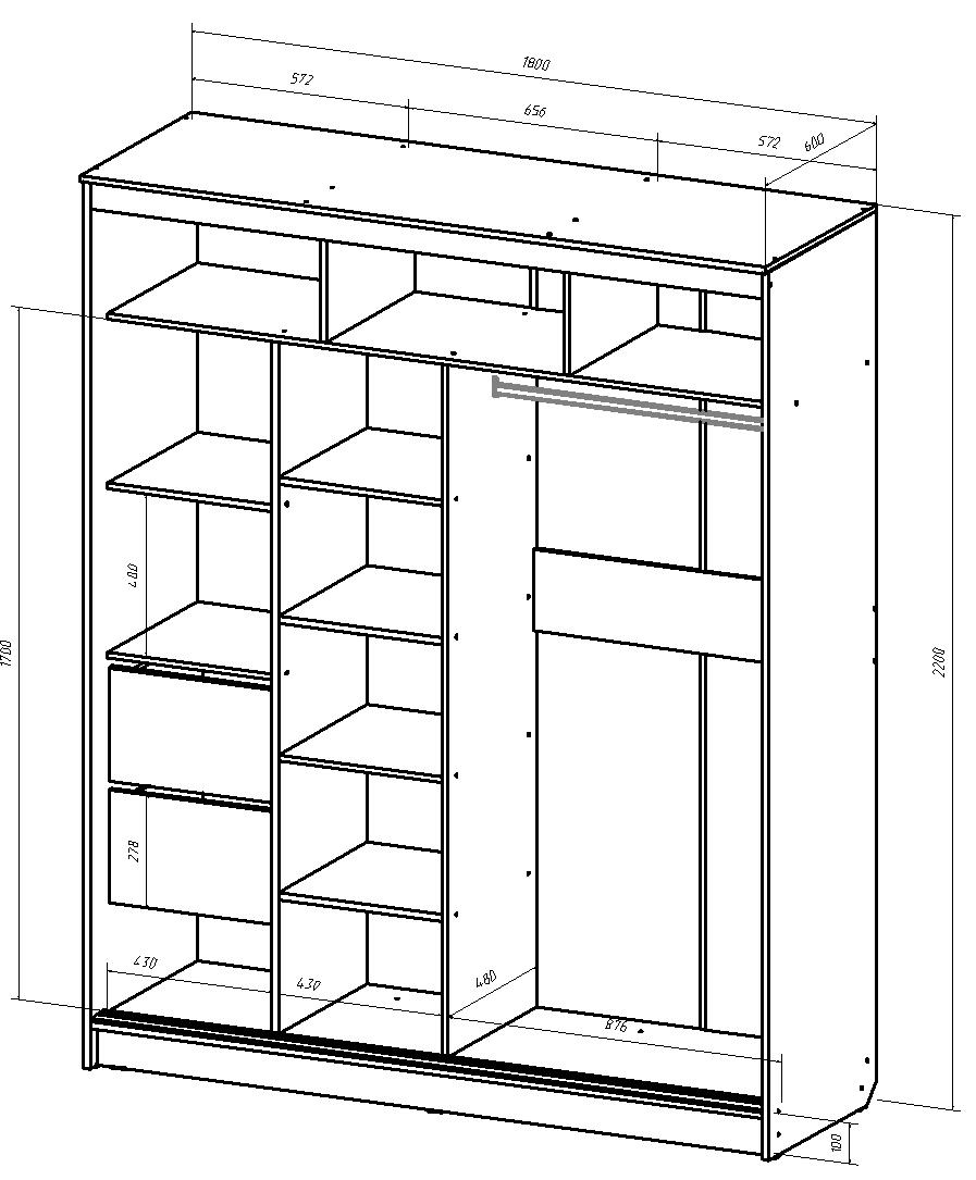 Глубина встроенного шкафа купе. Чертеж трехдверного шкафа в развернутом виде.