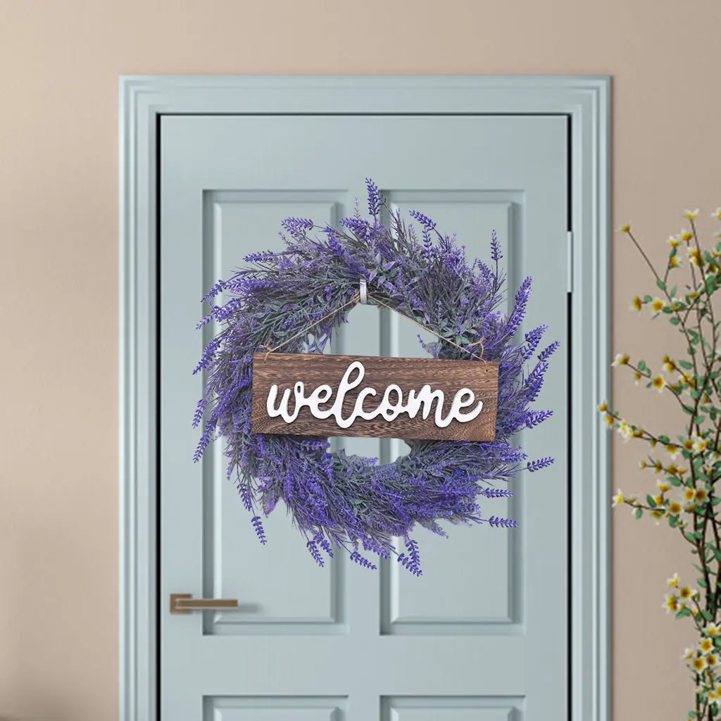 Artificial Lavender Wreath, Wall Hanging Round Lavender Flower Wreath Welcome Sign for The Front Door Party Wedding Decoration