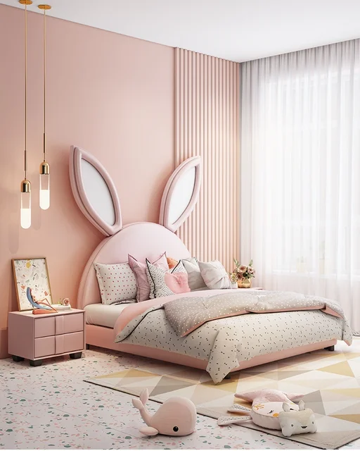 2022 new furniture pink princess rabbit bed children's bed girl simple  modern room master bedroom double cloth bed - AliExpress
