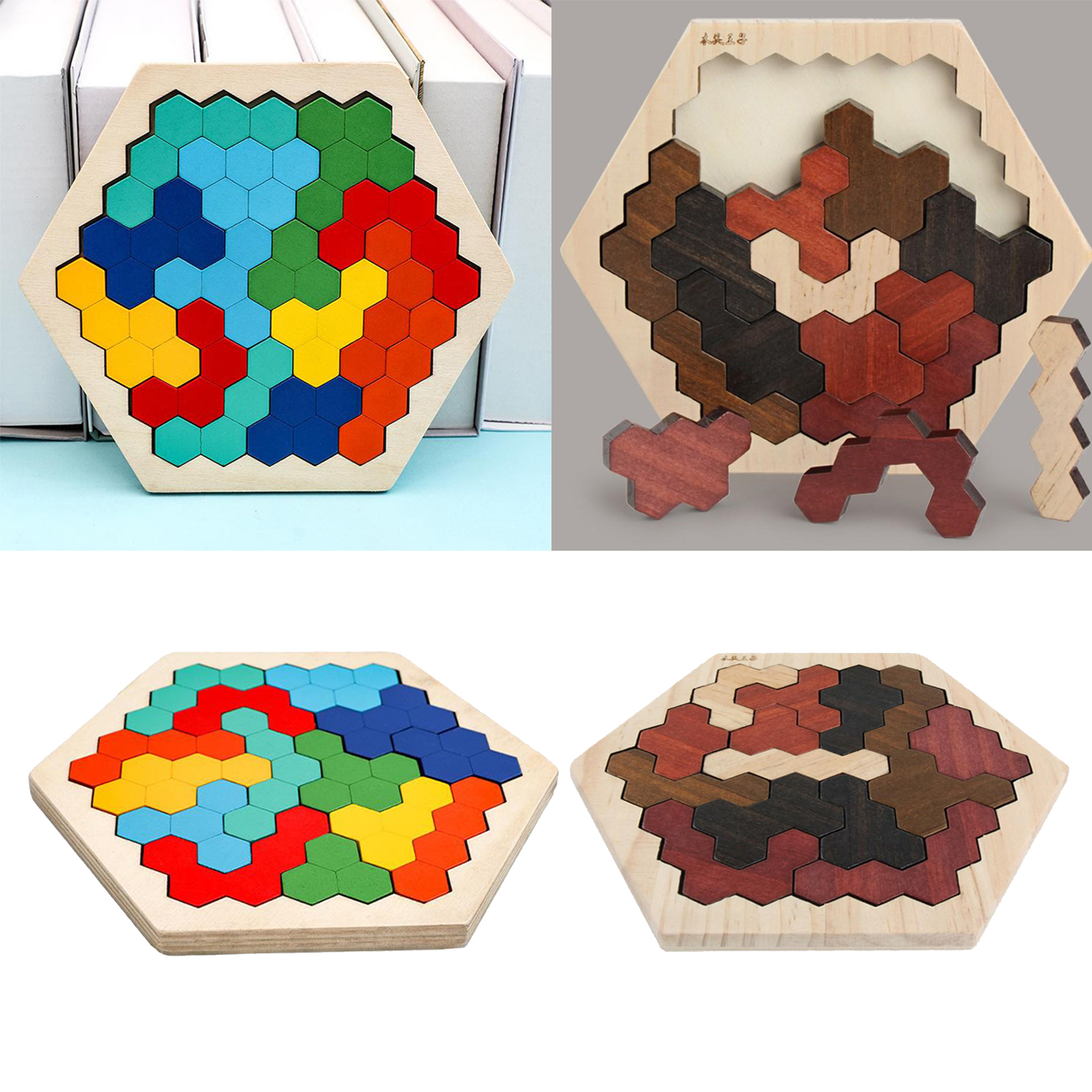 Wooden Hexagon Tangram Puzzle Chinese Classic 3D Puzzle Brain Teasers Portable Pre- Game Toys Gift