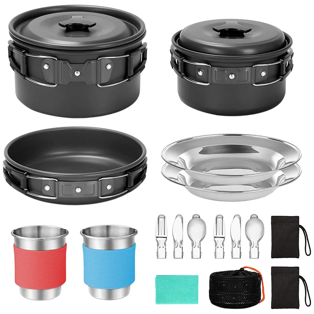Portable Camping Cookware Backpacking BBQ Mess Kit 2-3 People Outdoor Pan Foldable Cooker W/ Carry Bag