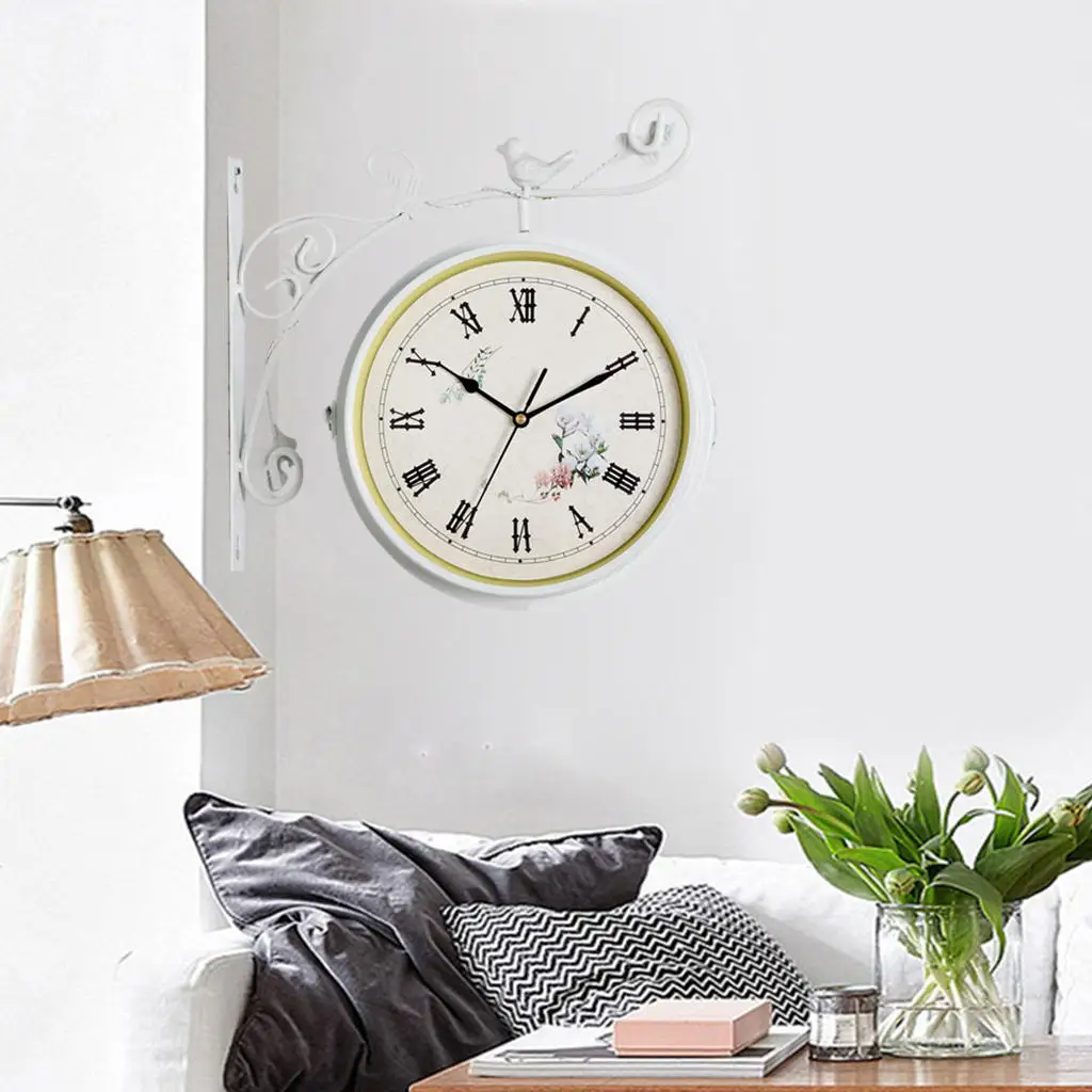 Iron Double Sided Retro Round Quiet Wall Hanging Clock Hotel Bar Garden Decor