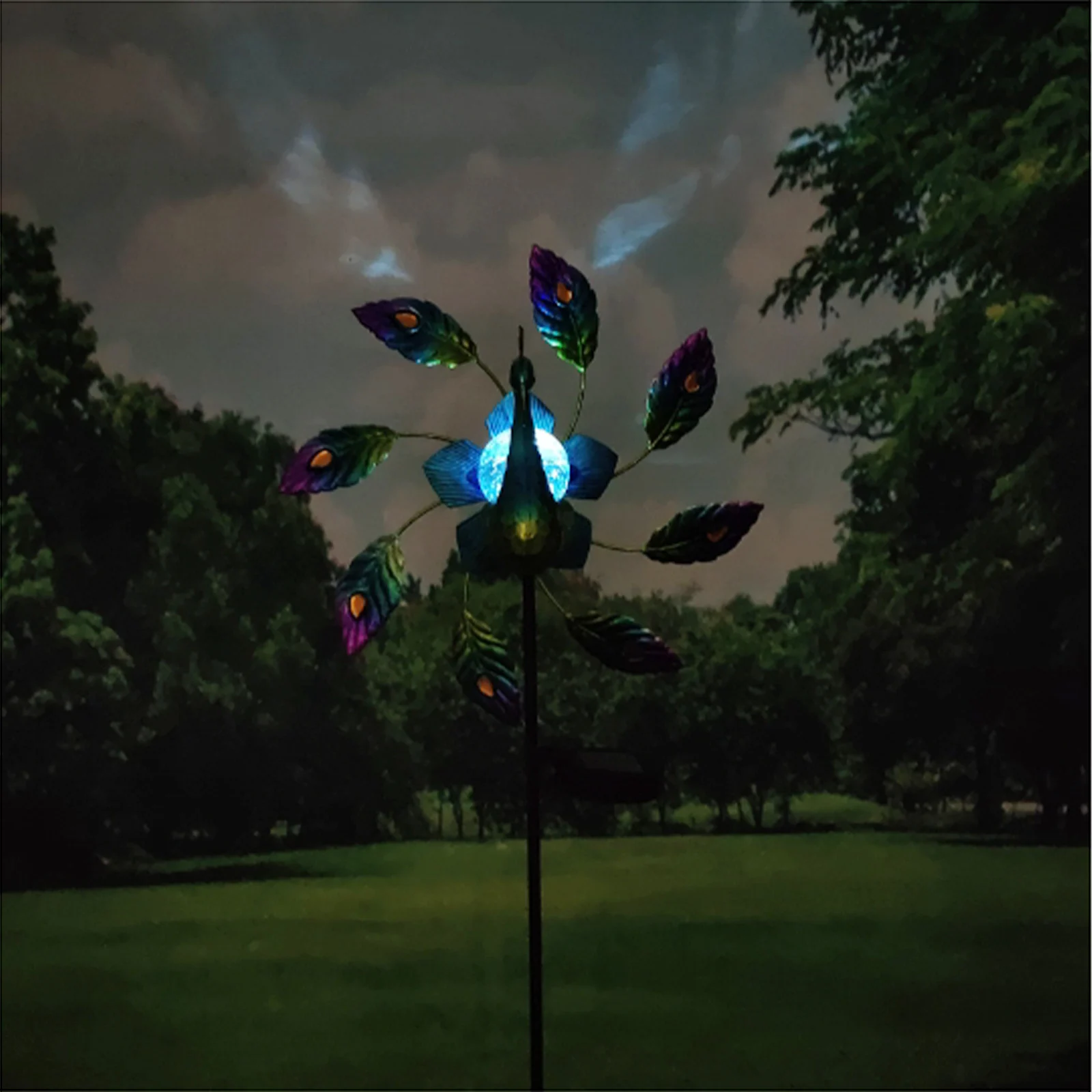 Decorative Wind Spinners Wrought Iron Painted Peacock Decorative Backyard Stakes Solar Light Windmill Yard And Garden Home Decor