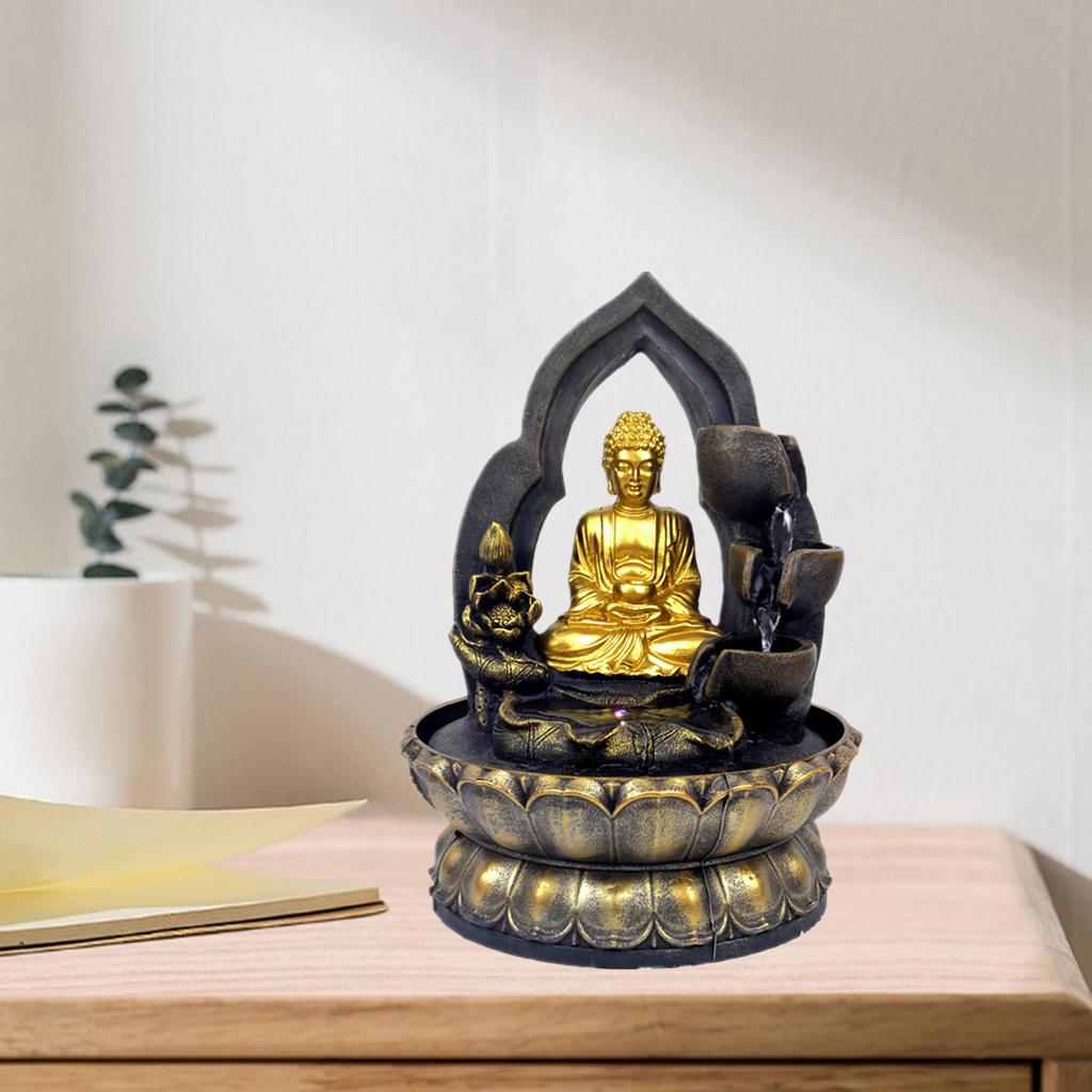 Resin Buddha Tabletop Fountain LED Lights Desktop Zen Water Fengshui Meditation Relaxing Calming Waterfall Home Sculpture Decor
