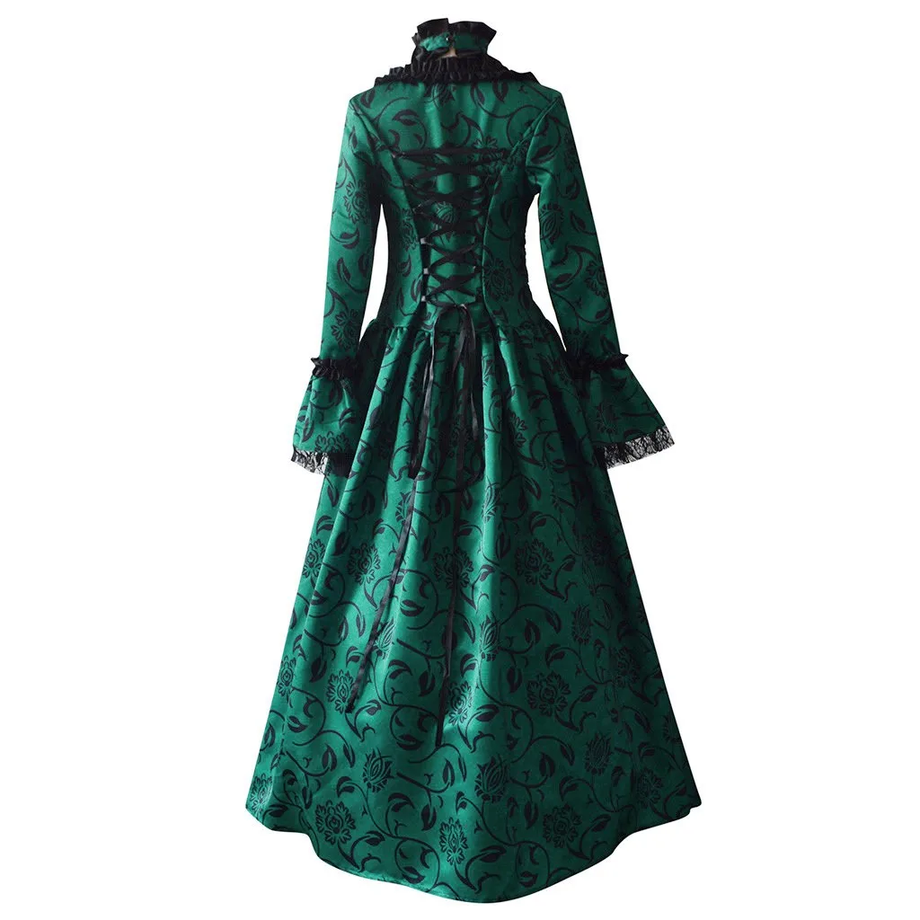 Medieval Vintage Gothic Long Dress Women Goth Victorian Retro Flare Sleeve Lace Maxi Ball Gowns Dress Cosplay Halloween Costume