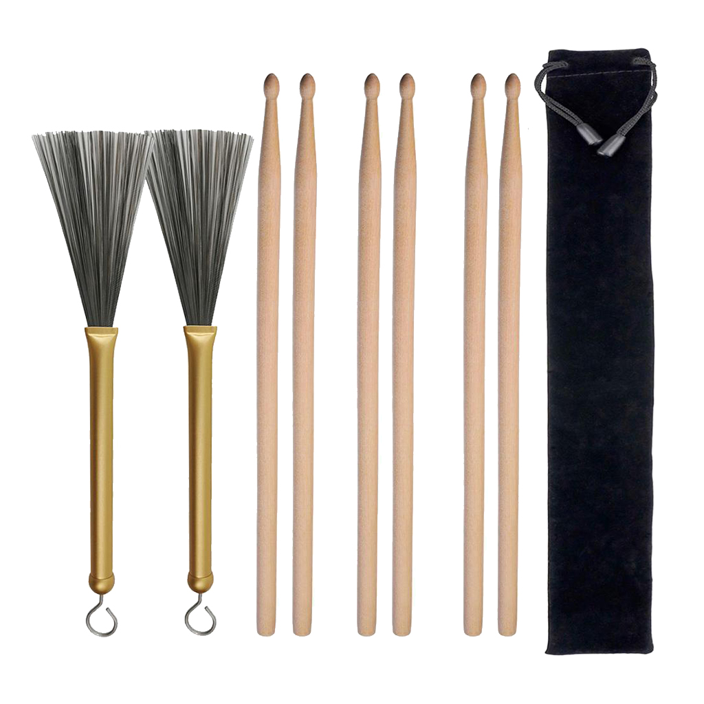 6pcs Wood Drum Sticks 5A Hard 2pcs Drum Wire Brushes Aluminum W/ Storage Bag