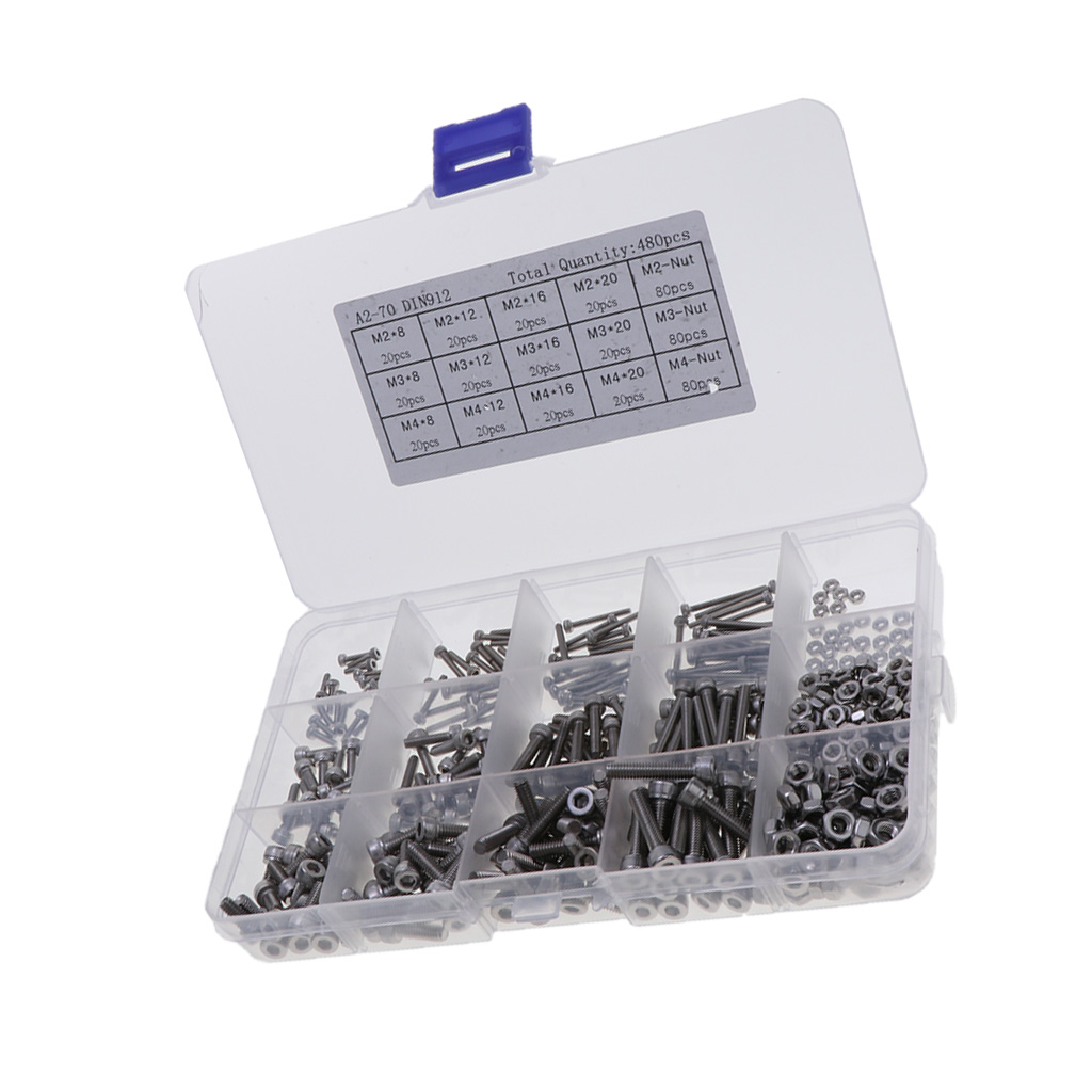 Prettyia 480pcs Tiny Screws & Nuts Hex Socket Head Bolts Kit Stainless Steel